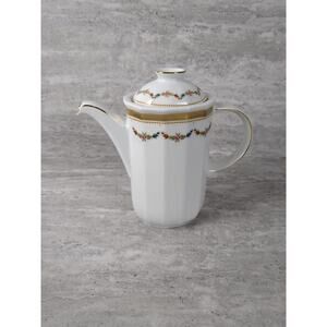 TIRSCHENREUTH Bavaria White Demitasse Mini Coffee Pot w/Lid Germany Gold & Blue‎